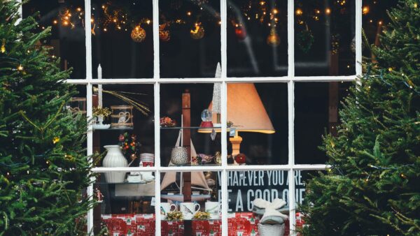 Winkel en 2 kerstbomen aan zijkant